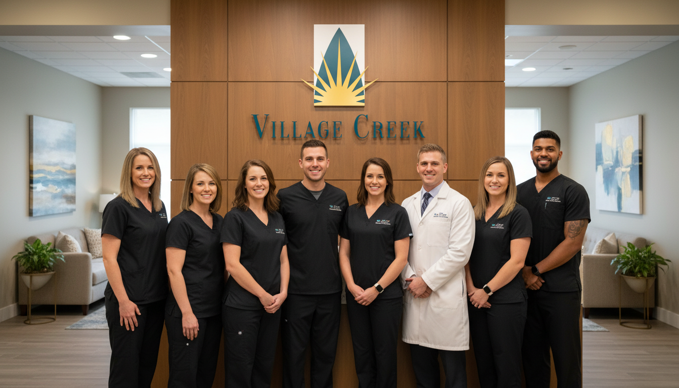 Village Creek Wellness & Rehabilitation staff members in a welcoming reception area