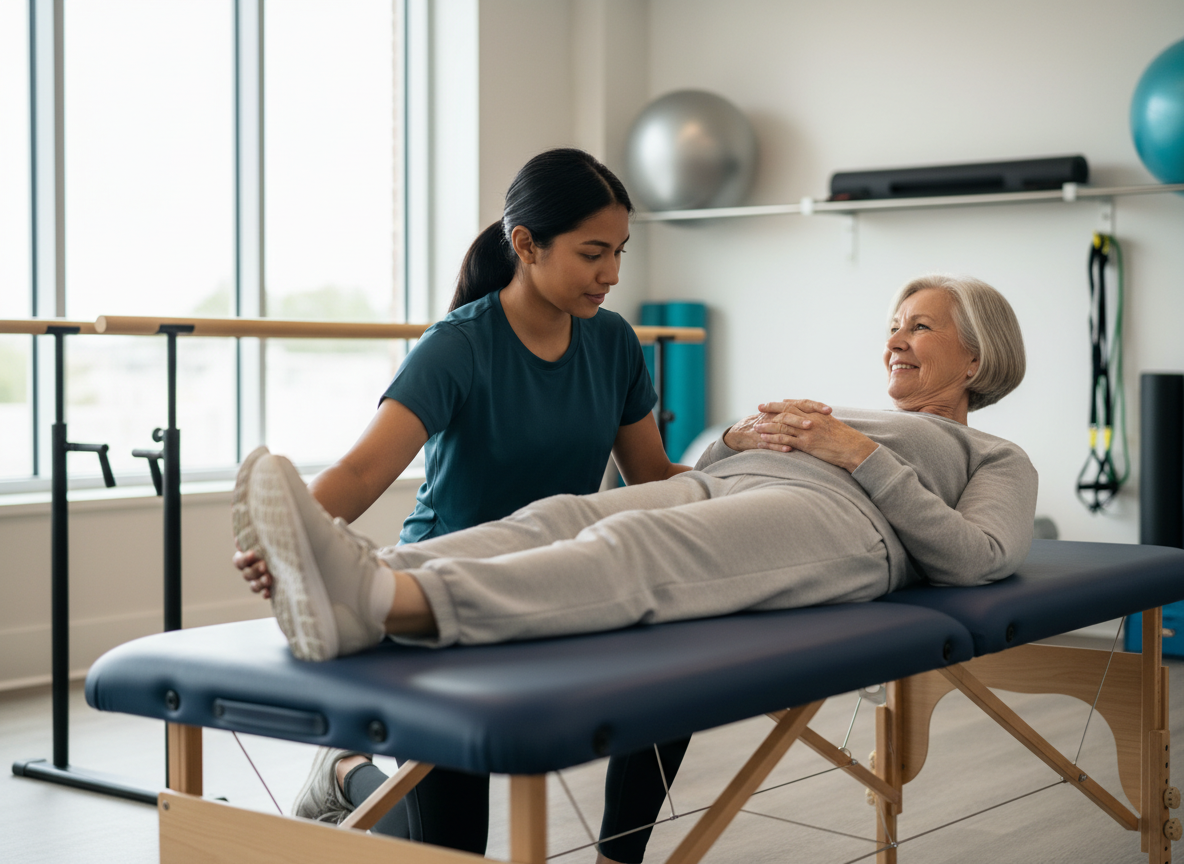 Physical therapist assisting elderly patient with rehabilitation exercise