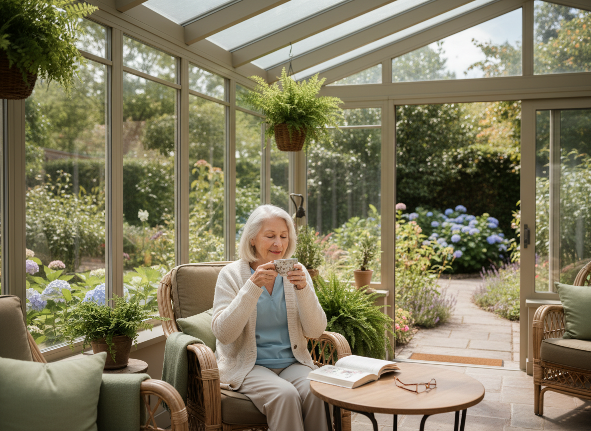 Elderly person reading peacefully in a bright room